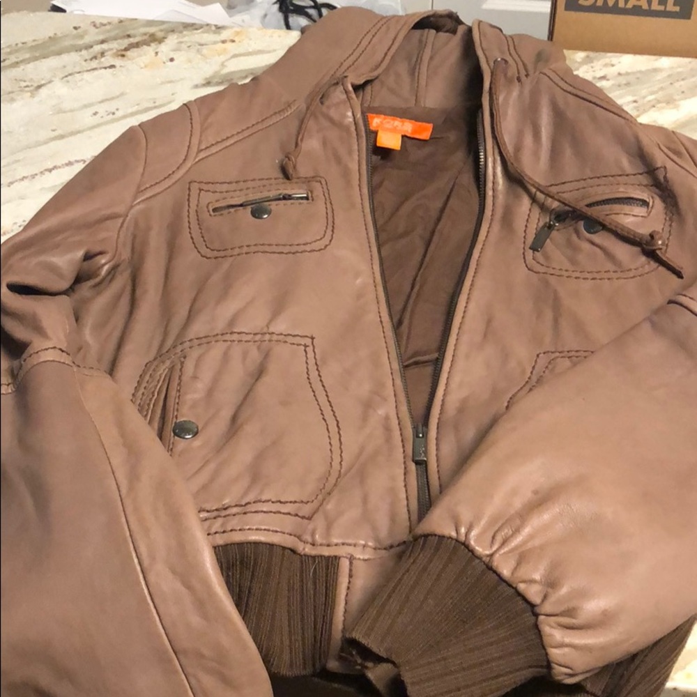 Micheal Kors genuine brown leather hooded jacket L